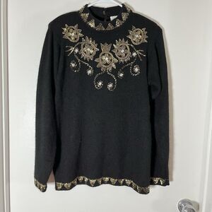 Angenie Vintage Sweater Womens Size M Floral Beaded Sequins Black Pullover Gold